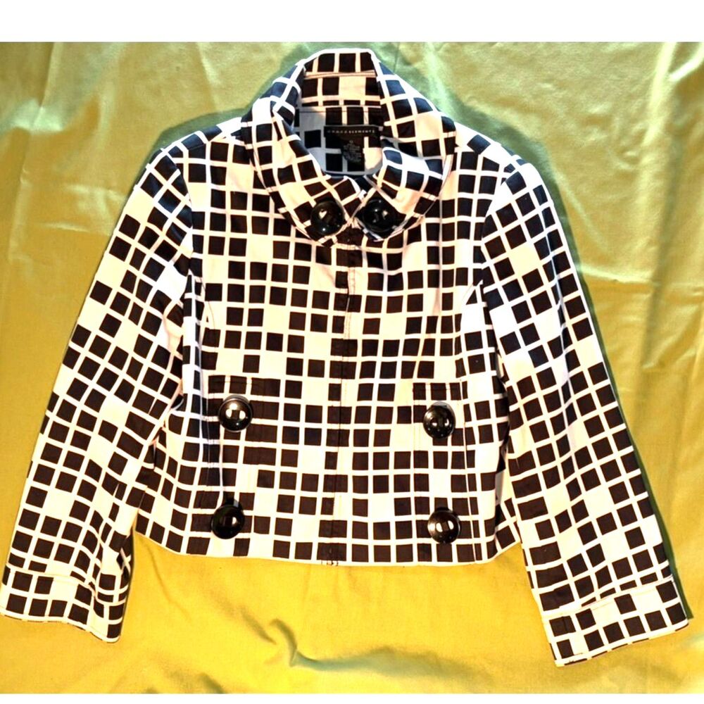 Grace Elements Black/White Check Short Crop Cotton Button Jacket Women Size 10